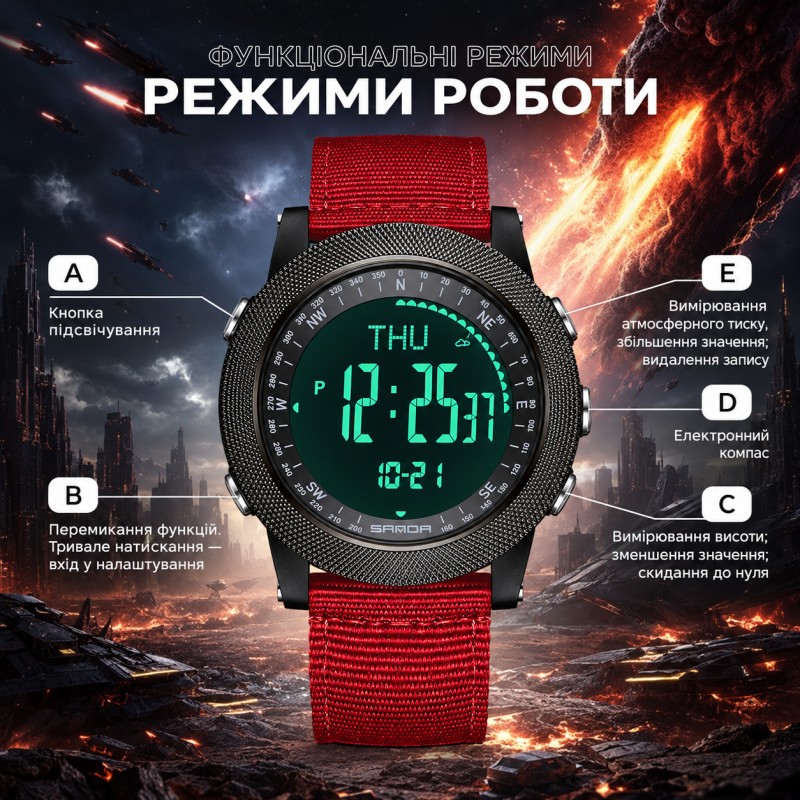 Мужские тактические часы Sanda 6369 Nylon All Black с электронным циферблатом и нейлоновым ремешком