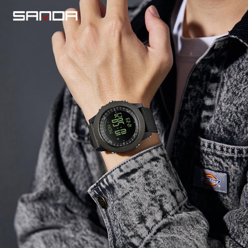 Мужские тактические часы Sanda 6369 Nylon All Black с электронным циферблатом и нейлоновым ремешком