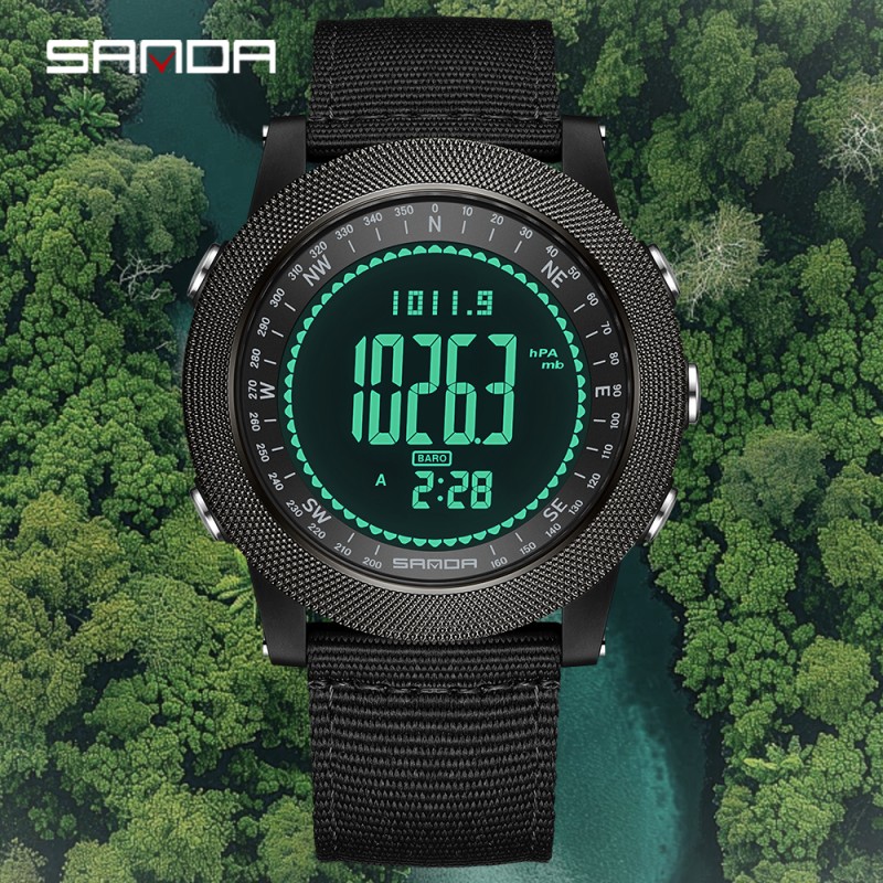 Мужские тактические часы Sanda 6369 Nylon All Black с электронным циферблатом и нейлоновым ремешком