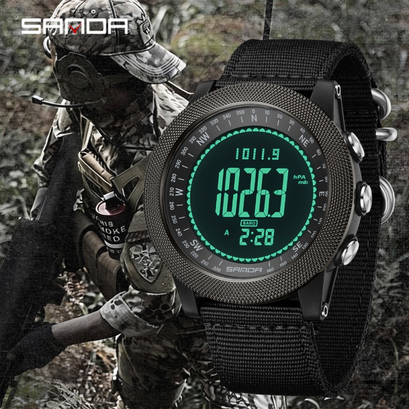 Мужские тактические часы Sanda 6369 Nylon All Black с электронным циферблатом и нейлоновым ремешком