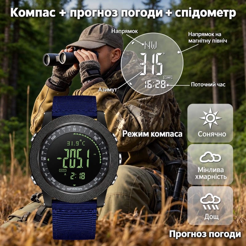 Мужские тактические часы Sanda 6369 Nylon All Black с электронным циферблатом и нейлоновым ремешком