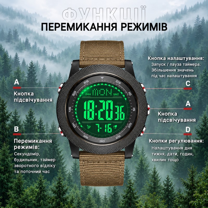 Мужские тактические часы Sanda 6391 Nylon Green с электронным циферблатом и водонепроницаемостью 5 ATM