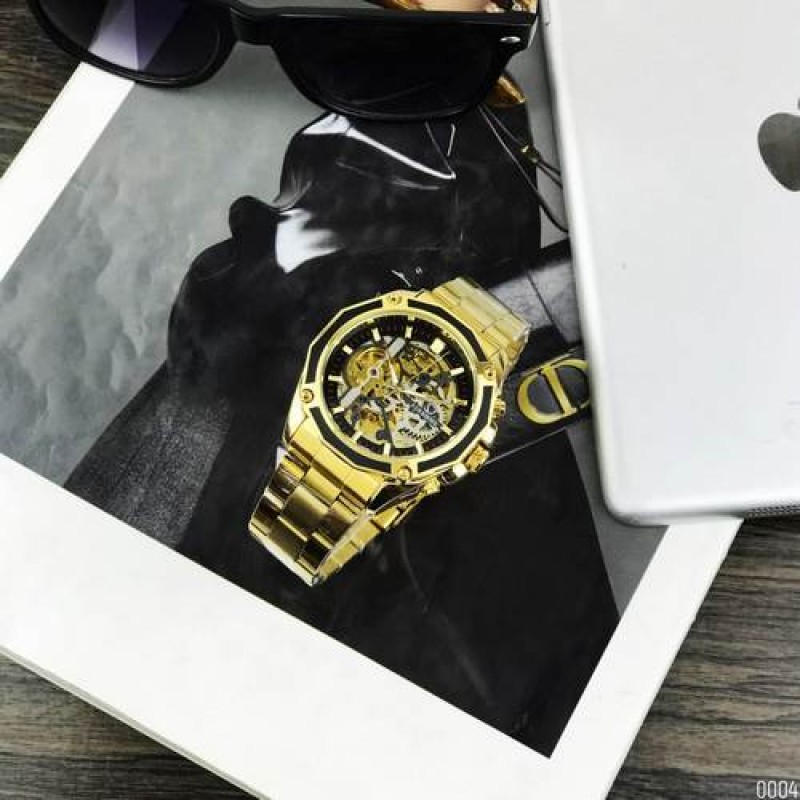 Чоловічий механічний годинник Forsining 8130 Gold-Black з автопідзаводом та люмінесценцією