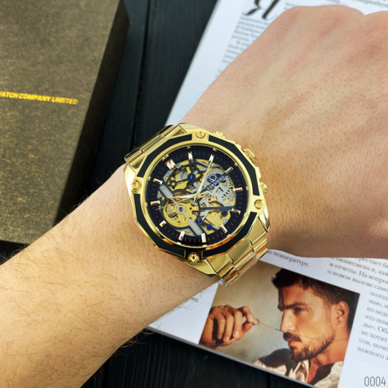 Чоловічий механічний годинник Forsining 8130 Gold-Black з автопідзаводом та люмінесценцією