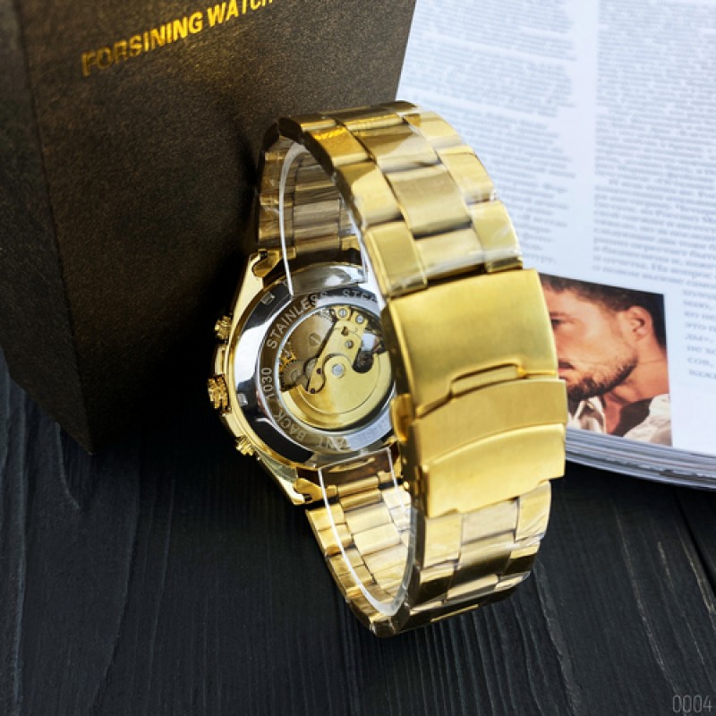 Чоловічий механічний годинник Forsining 8130 Gold-Black з автопідзаводом та люмінесценцією