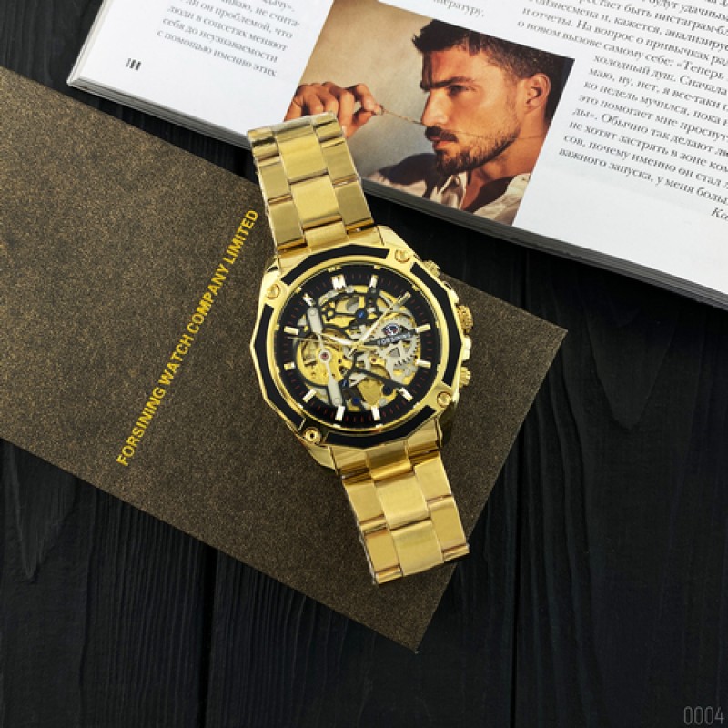 Чоловічий механічний годинник Forsining 8130 Gold-Black з автопідзаводом та люмінесценцією
