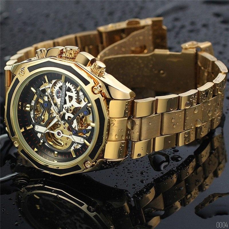 Чоловічий механічний годинник Forsining 8130 Gold-Black з автопідзаводом та люмінесценцією
