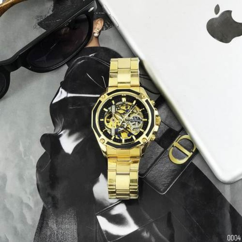 Чоловічий механічний годинник Forsining 8130 Gold-Black з автопідзаводом та люмінесценцією