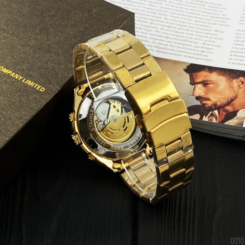 Мужские механические часы Forsining 8130 All Gold Automatic с автоподзаводом и золотистым браслетом