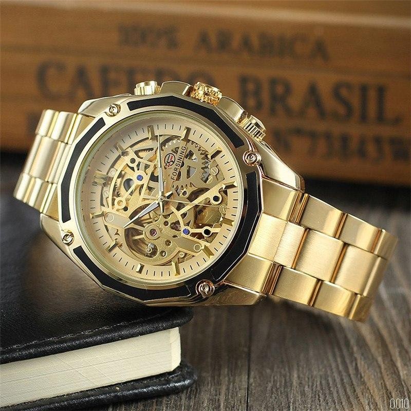 Мужские механические часы Forsining 8130 All Gold Automatic с автоподзаводом и золотистым браслетом