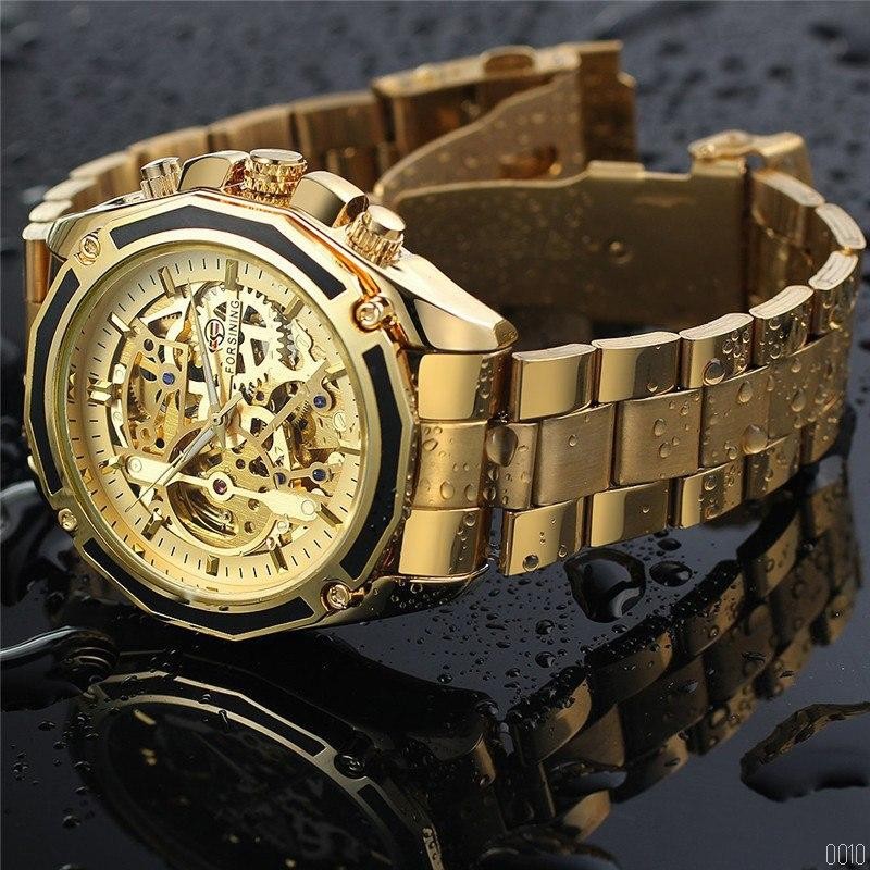 Мужские механические часы Forsining 8130 All Gold Automatic с автоподзаводом и золотистым браслетом
