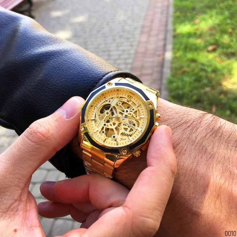 Мужские механические часы Forsining 8130 All Gold Automatic с автоподзаводом и золотистым браслетом