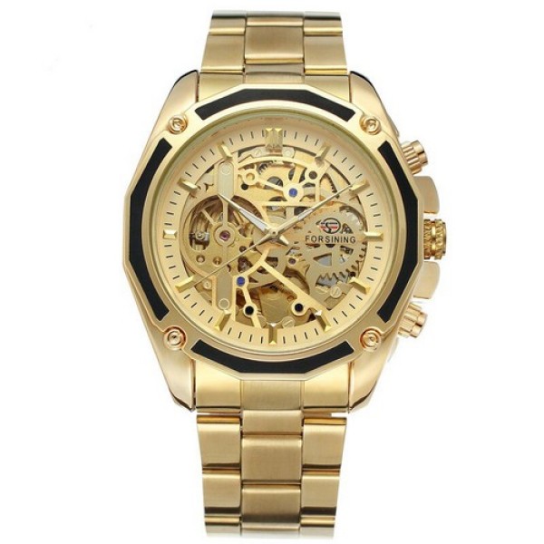Мужские механические часы Forsining 8130 All Gold Automatic с автоподзаводом и золотистым браслетом