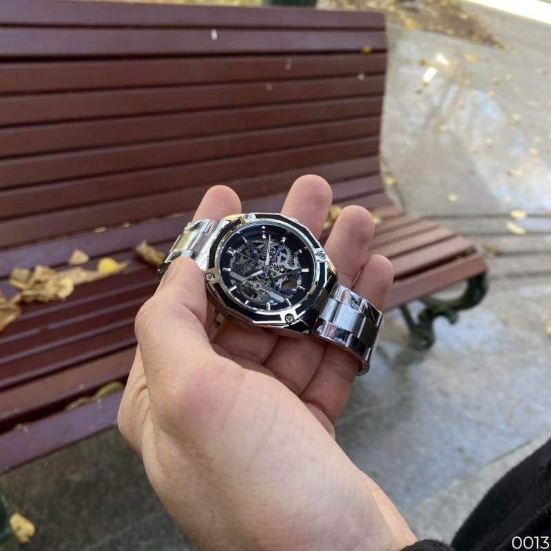 Чоловічий механічний годинник Forsining 8130 Silver-Black з автопідзаводом та сталевим браслетом