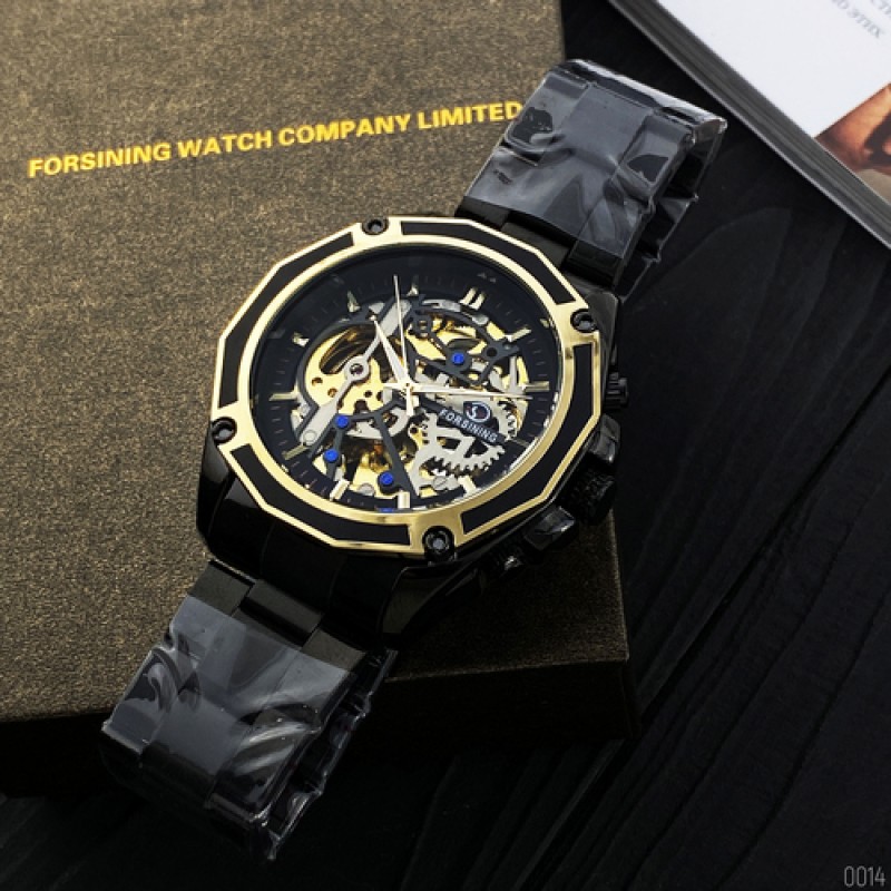 Чоловічий механічний годинник Forsining 8130 Black-Gold-Black з автопідзаводом та скелетонованим циферблатом