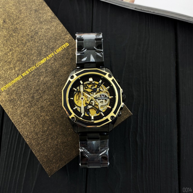 Чоловічий механічний годинник Forsining 8130 Black-Gold-Black з автопідзаводом та скелетонованим циферблатом