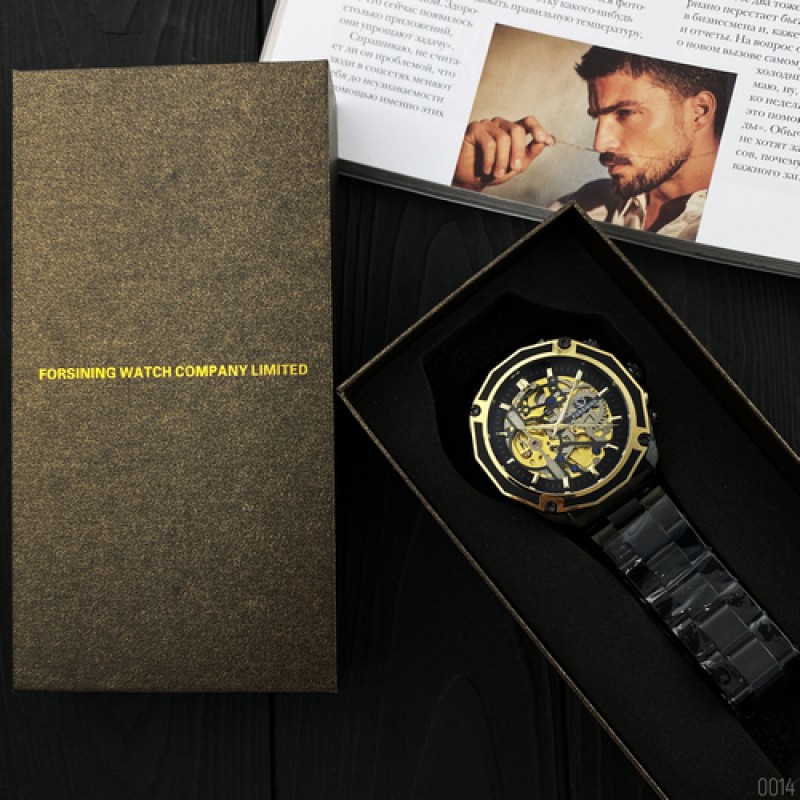 Чоловічий механічний годинник Forsining 8130 Black-Gold-Black з автопідзаводом та скелетонованим циферблатом
