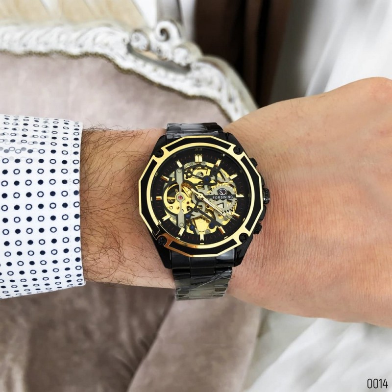 Чоловічий механічний годинник Forsining 8130 Black-Gold-Black з автопідзаводом та скелетонованим циферблатом