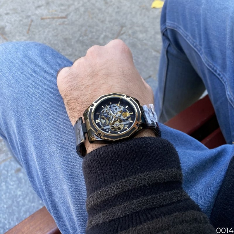 Чоловічий механічний годинник Forsining 8130 Black-Gold-Black з автопідзаводом та скелетонованим циферблатом