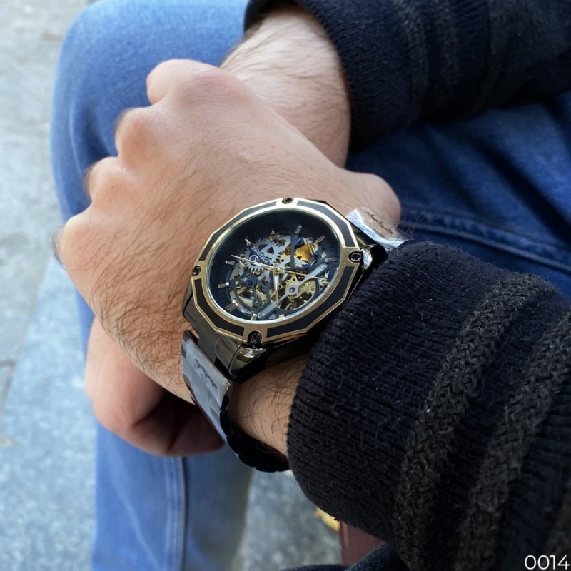 Чоловічий механічний годинник Forsining 8130 Black-Gold-Black з автопідзаводом та скелетонованим циферблатом