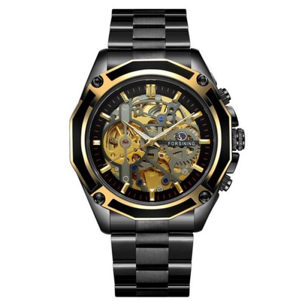 Чоловічий механічний годинник Forsining 8130 Black-Gold-Black з автопідзаводом та скелетонованим циферблатом