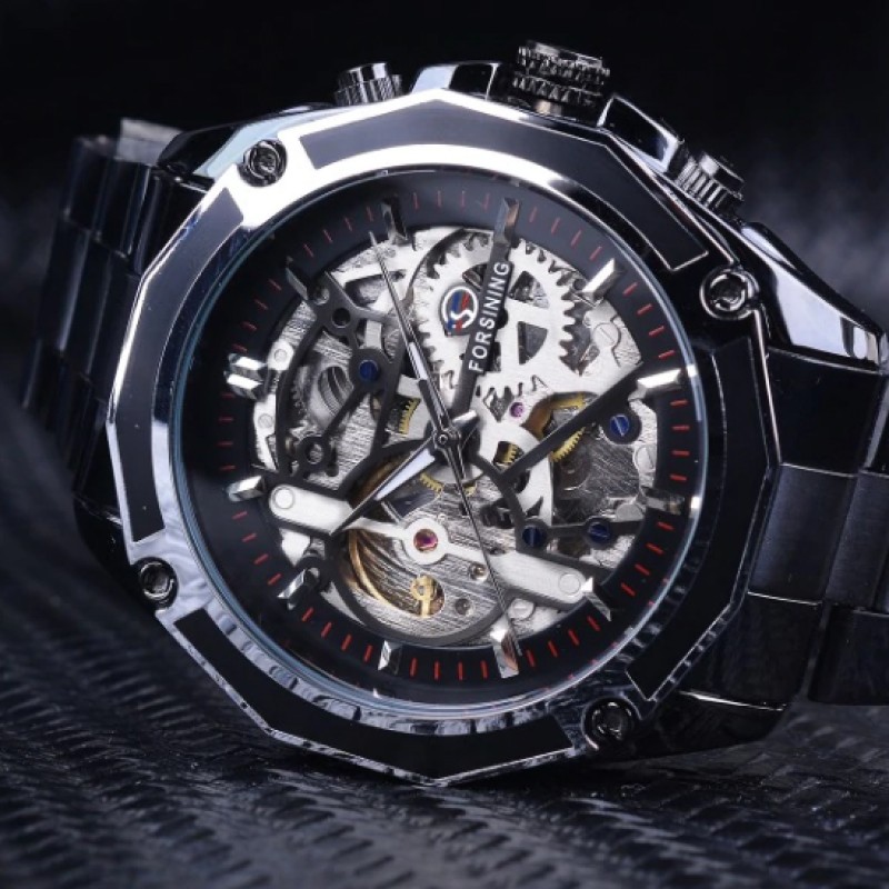 Мужские механические часы Forsining 8130 Black-Silver с автоподзаводом и стальным браслетом