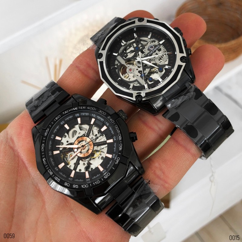 Мужские механические часы Forsining 8130 Black-Silver с автоподзаводом и стальным браслетом