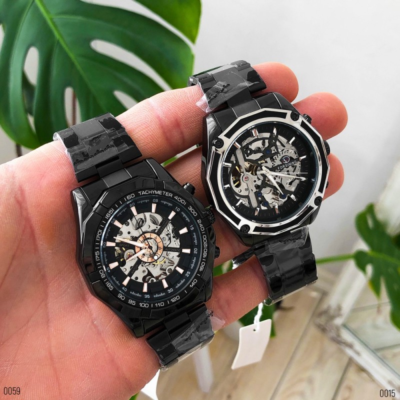 Мужские механические часы Forsining 8130 Black-Silver с автоподзаводом и стальным браслетом