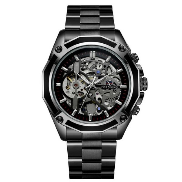 Мужские механические часы Forsining 8130 Black-Silver с автоподзаводом и стальным браслетом