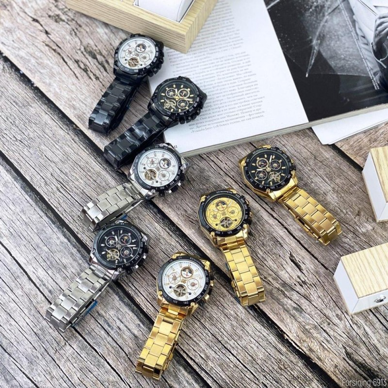 Чоловічий механічний годинник Forsining 6913 Gold-Black з автопідзаводом та турбійоном