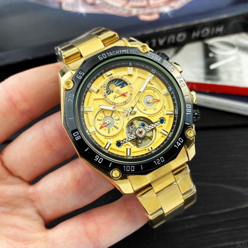 Мужские механические часы Forsining 6913 Gold-Black-Gold с автоподзаводом и хронографом