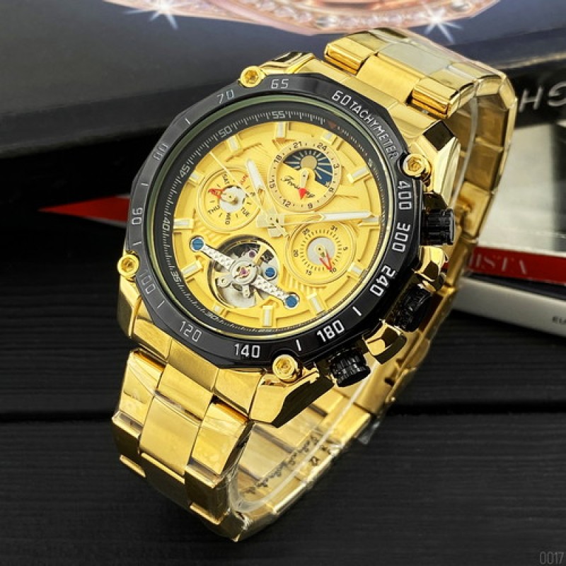 Мужские механические часы Forsining 6913 Gold-Black-Gold с автоподзаводом и хронографом