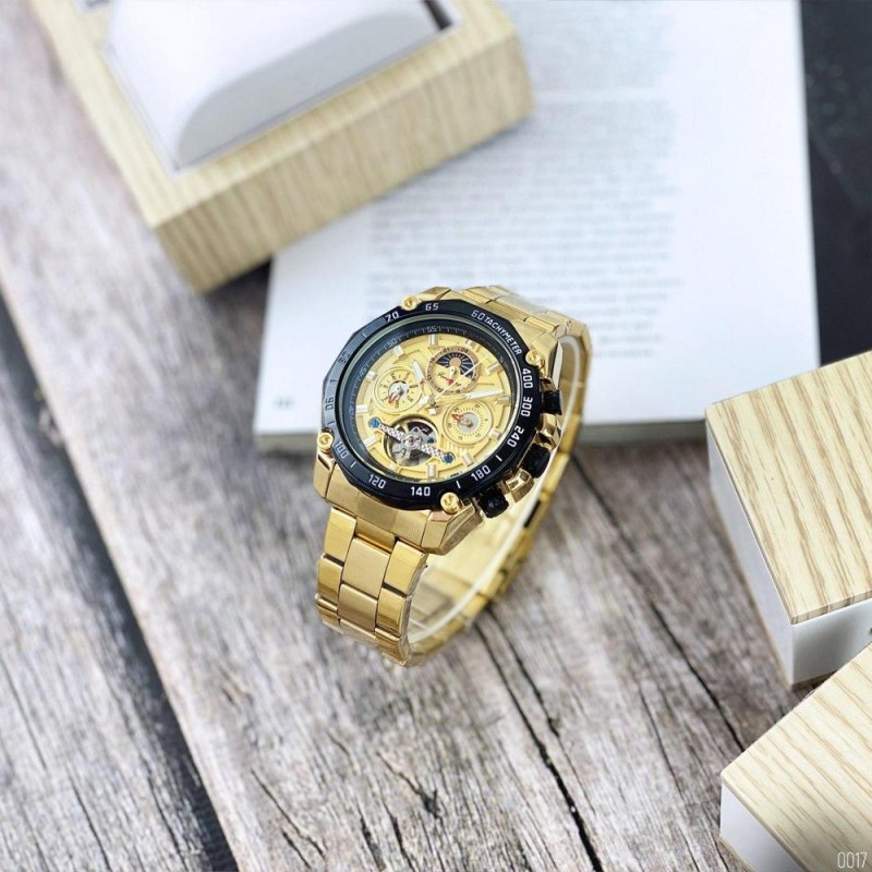 Мужские механические часы Forsining 6913 Gold-Black-Gold с автоподзаводом и хронографом
