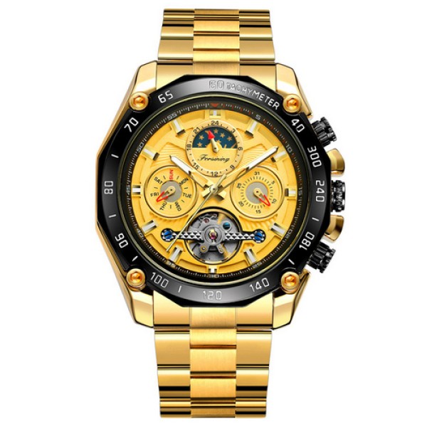 Мужские механические часы Forsining 6913 Gold-Black-Gold с автоподзаводом и хронографом