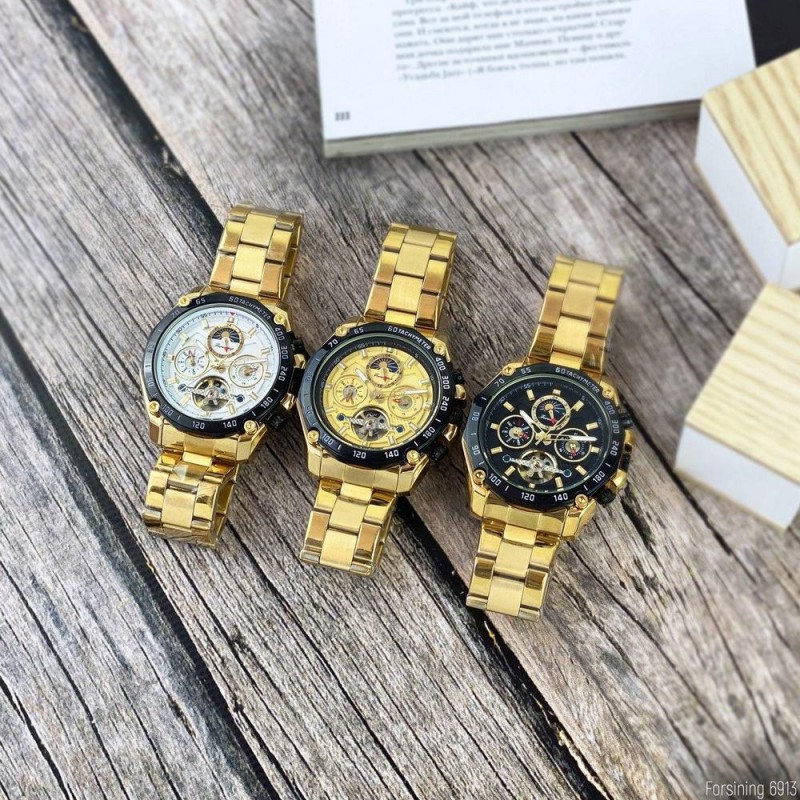 Чоловічий механічний годинник Forsining 6913 Gold-Black-White з автопідзаводом та хронографом