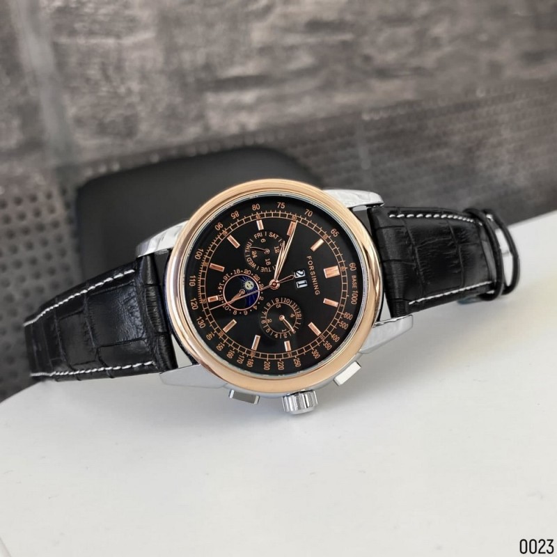 Мужские механические часы Forsining 319 Black-Cuprum-Black с автоподзаводом и кожаным ремешком