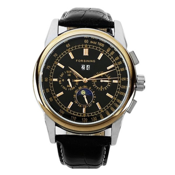 Мужские механические часы Forsining 319 Black-Cuprum-Black с автоподзаводом и кожаным ремешком