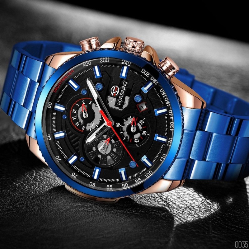 Чоловічий механічний годинник Forsining 6909 Blue-Cuprum-Black з автопідзаводом та повним календарем