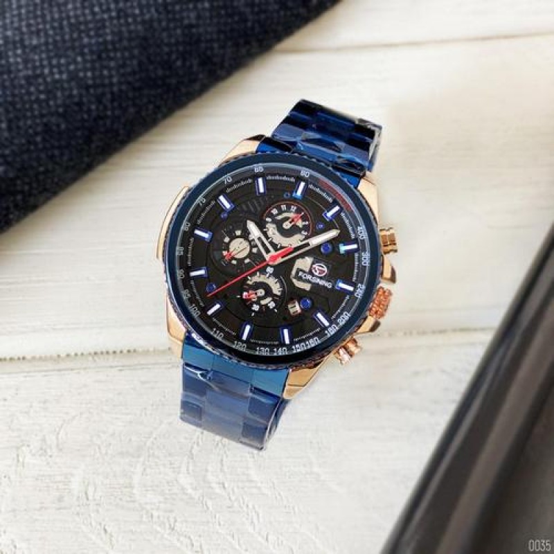 Чоловічий механічний годинник Forsining 6909 Blue-Cuprum-Black з автопідзаводом та повним календарем