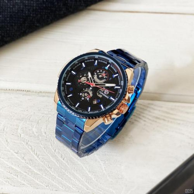 Чоловічий механічний годинник Forsining 6909 Blue-Cuprum-Black з автопідзаводом та повним календарем
