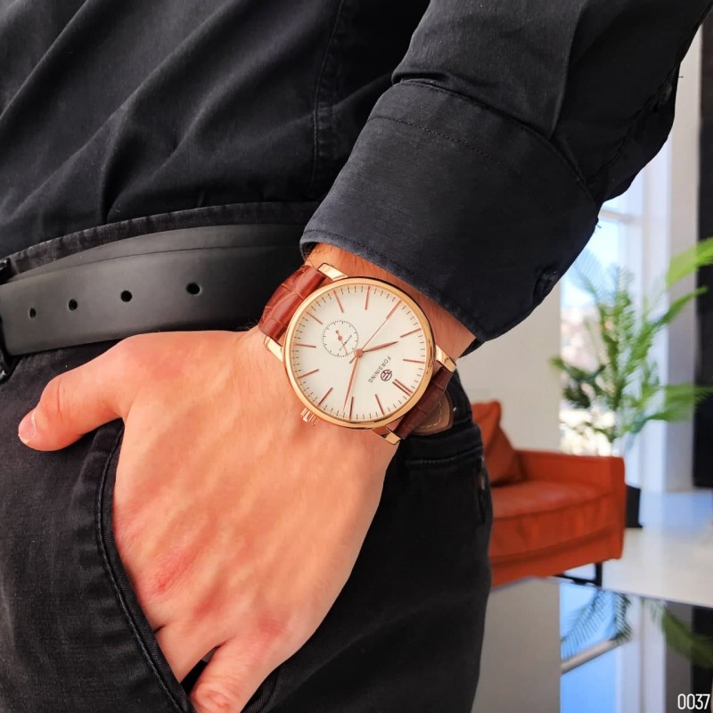 Чоловічий механічний годинник Forsining 8214 Gold-White-Brown з автопідзаводом та шкіряним ремінцем