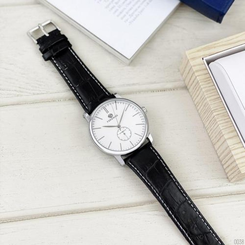 Мужские механические часы Forsining 8214 Silver-White-Black с автоподзаводом и кожаным ремешком