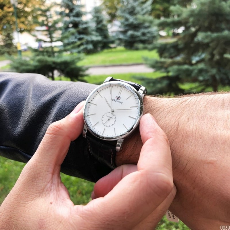 Мужские механические часы Forsining 8214 Silver-White-Black с автоподзаводом и кожаным ремешком