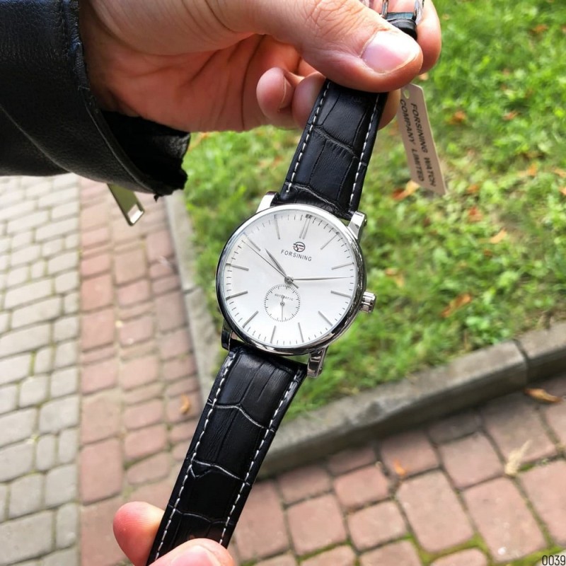 Мужские механические часы Forsining 8214 Silver-White-Black с автоподзаводом и кожаным ремешком