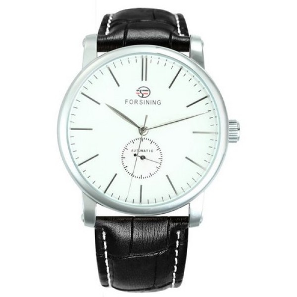Мужские механические часы Forsining 8214 Silver-White-Black с автоподзаводом и кожаным ремешком