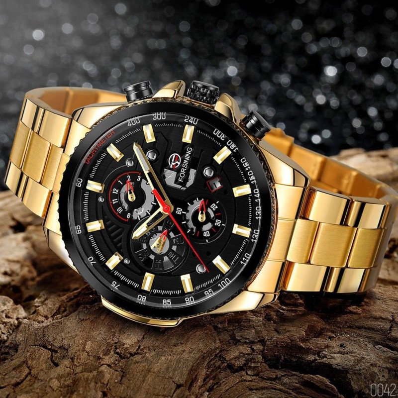 Мужские механические часы Forsining 6909 Gold-Black с автоподзаводом и календарем