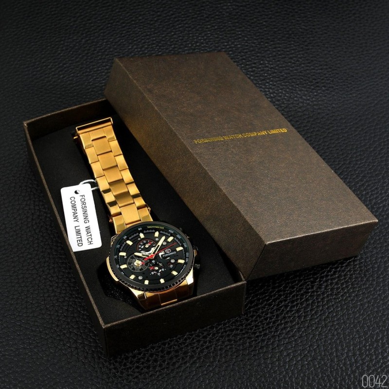 Мужские механические часы Forsining 6909 Gold-Black с автоподзаводом и календарем