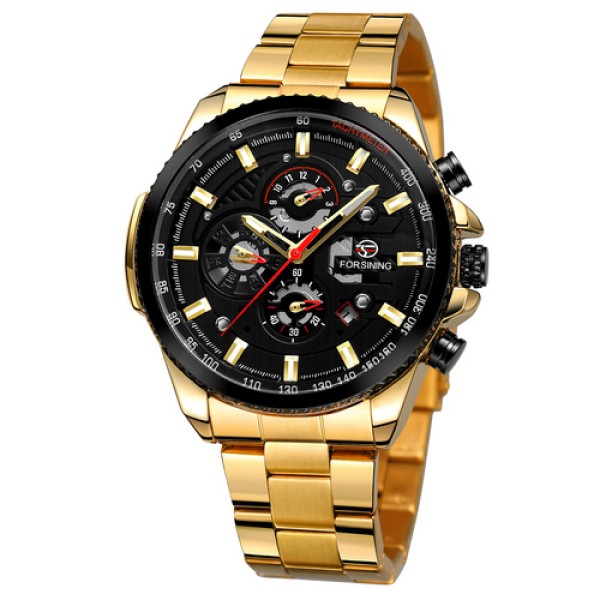 Мужские механические часы Forsining 6909 Gold-Black с автоподзаводом и календарем