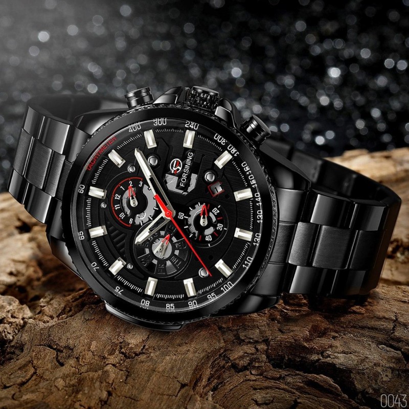Мужские механические часы Forsining 6909 All Black-Red с автоподзаводом и полным календарем