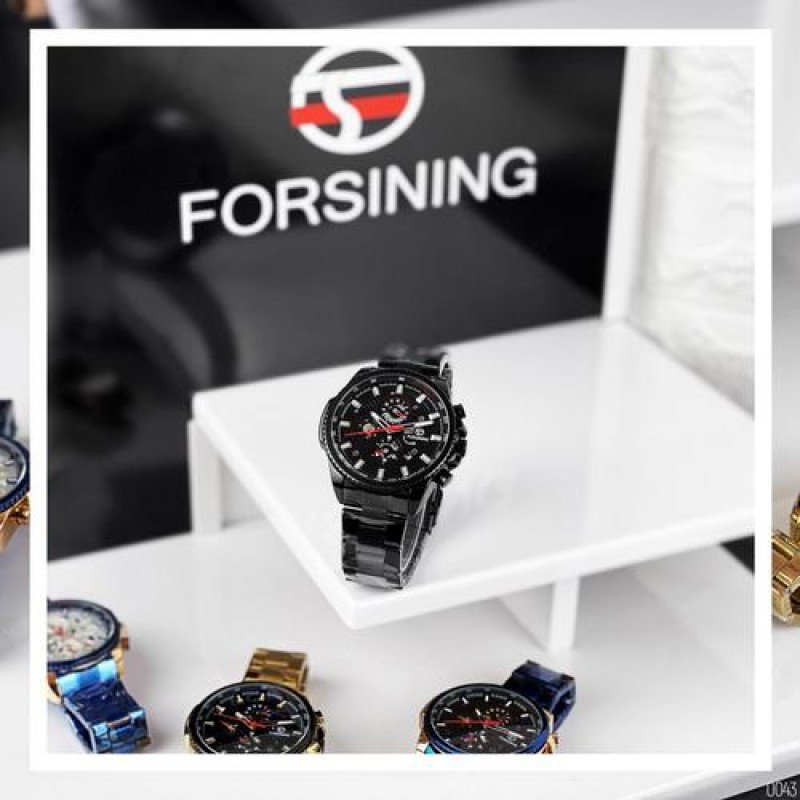 Мужские механические часы Forsining 6909 All Black-Red с автоподзаводом и полным календарем